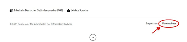 Bild16: Fuß-Zeile mit Fokus auf den Menüpunkt Datenschutz